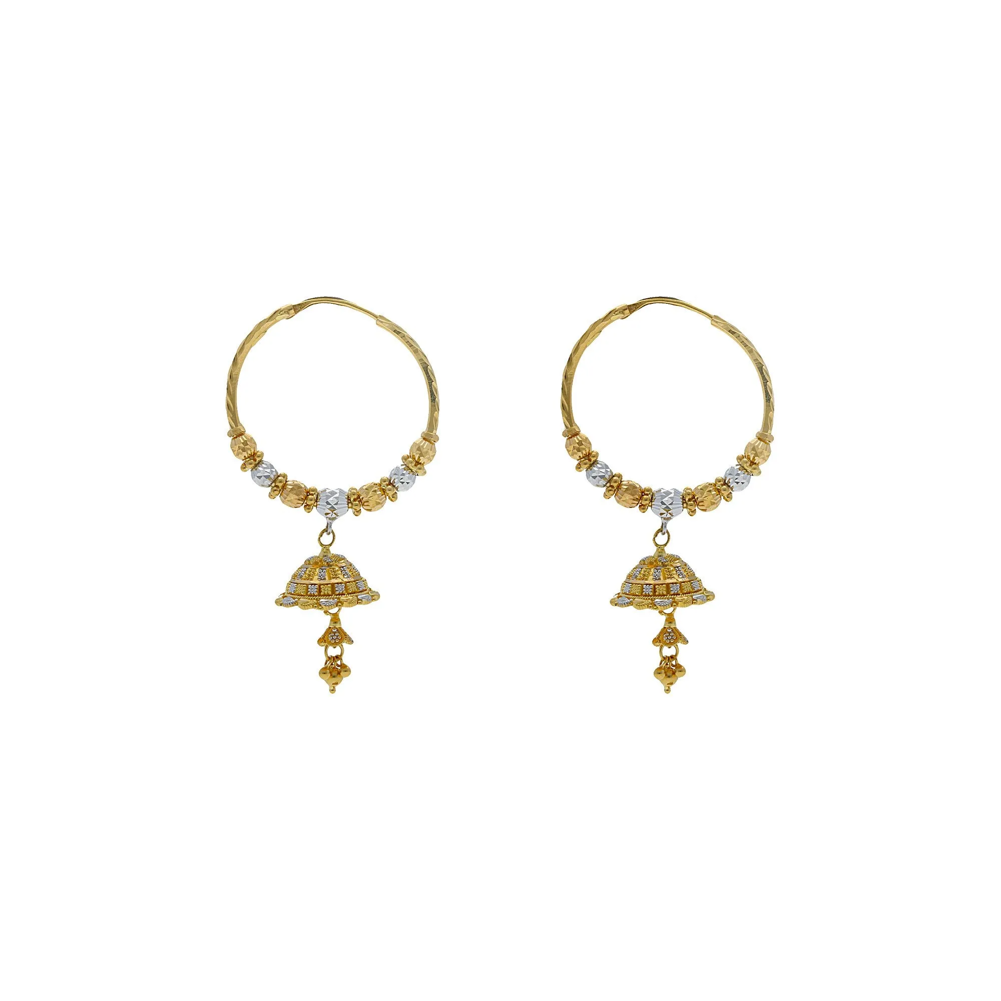 22K Multi Tone Gold Hoop Earrings W/ Hammered Gold Beads & Jhumki Drops