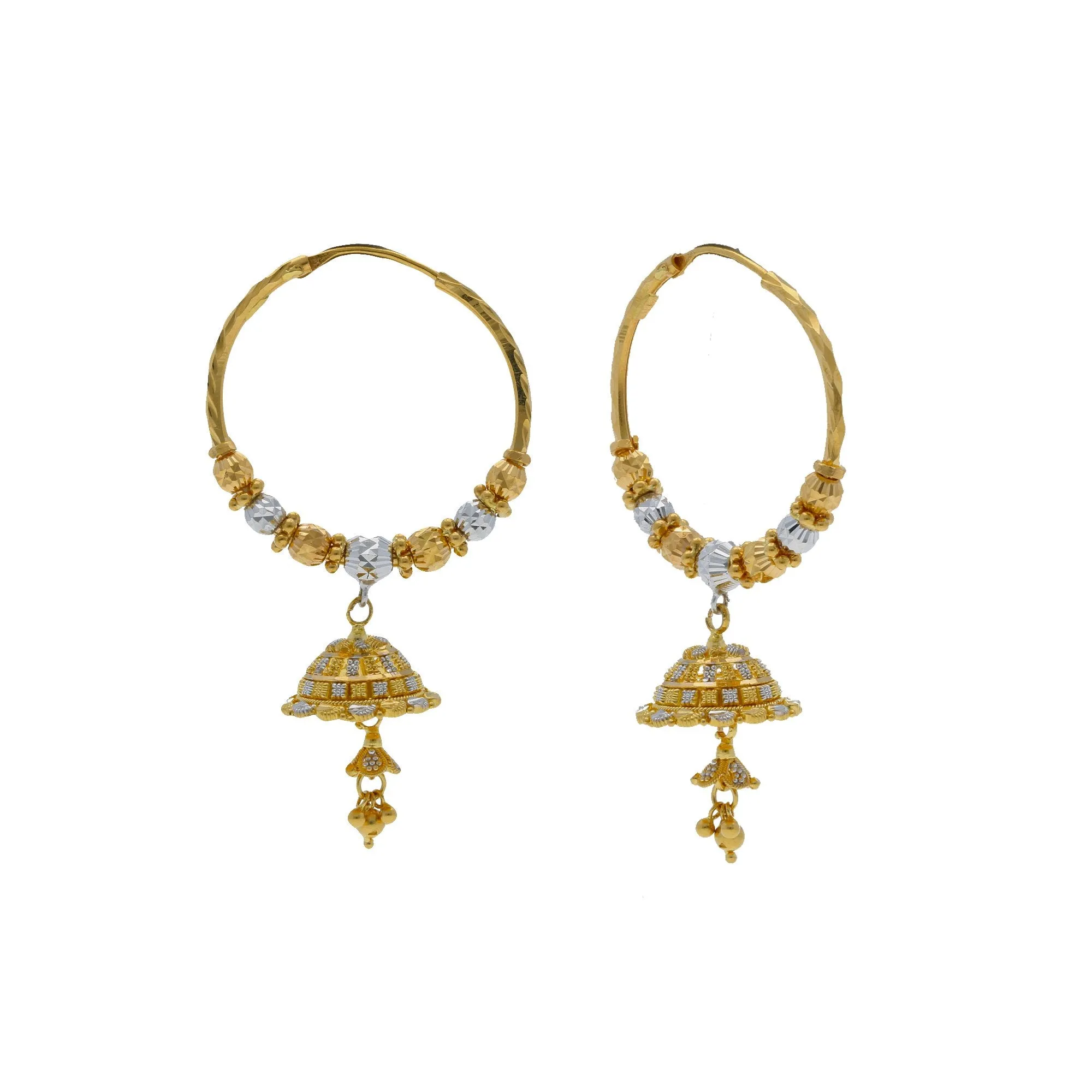 22K Multi Tone Gold Hoop Earrings W/ Hammered Gold Beads & Jhumki Drops