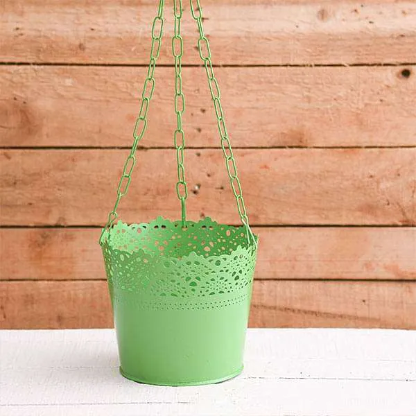 6.5 inch (17 cm) Aching Hanging Round Metal Pot with Chain (Green) (set of 3)