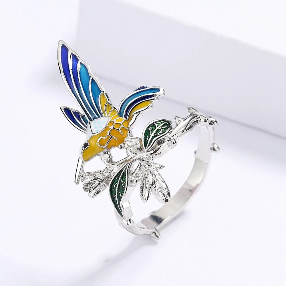 Animal Jewelry Creative Blue Hummingbird Enamel Ring for Women in Silver Color