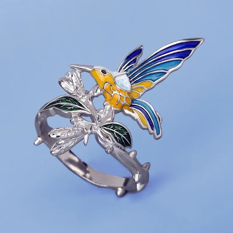 Animal Jewelry Creative Blue Hummingbird Enamel Ring for Women in Silver Color