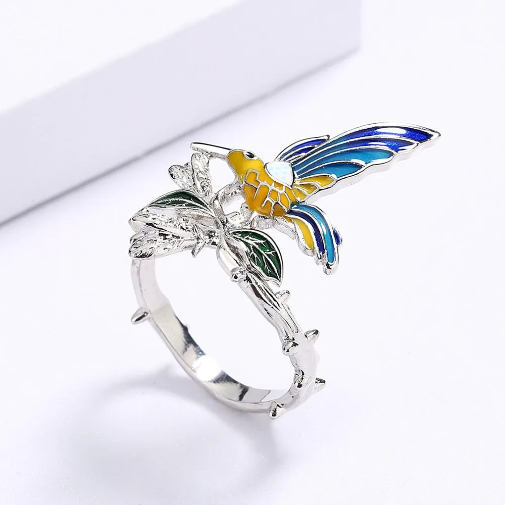 Animal Jewelry Creative Blue Hummingbird Enamel Ring for Women in Silver Color