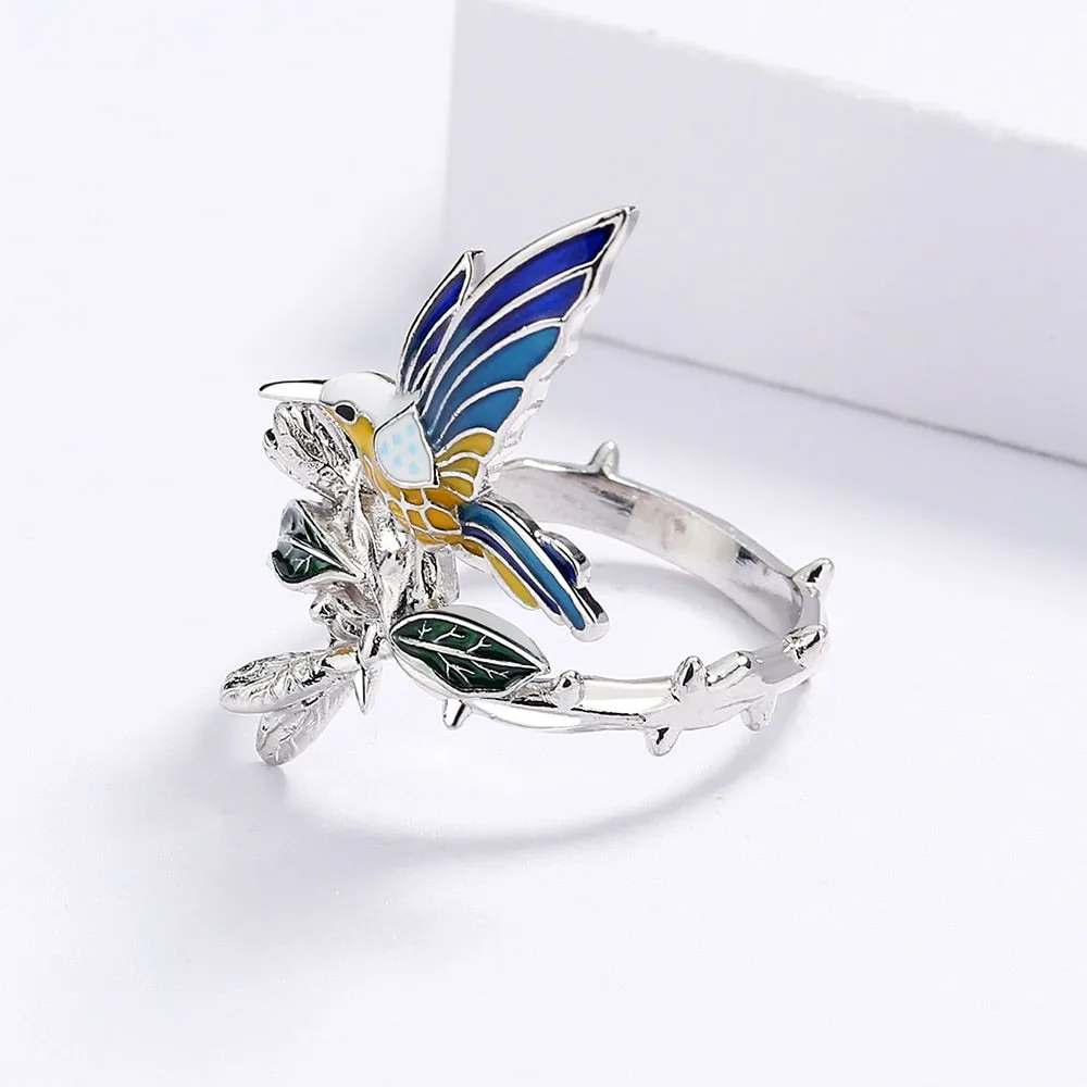 Animal Jewelry Creative Blue Hummingbird Enamel Ring for Women in Silver Color