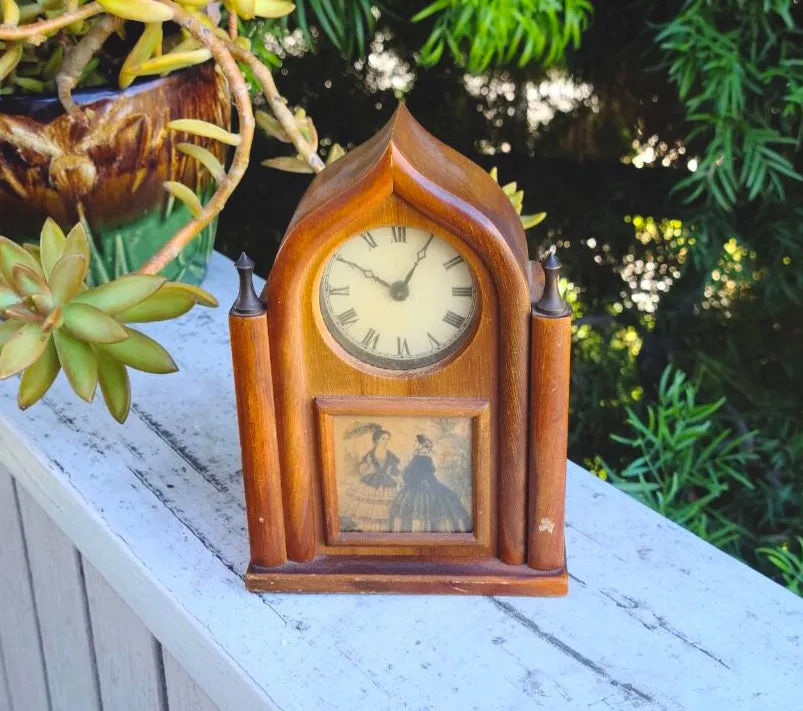 Antique Wood Wooden Victorian Ladies Mechanical Windup Mantle Shelf Clock