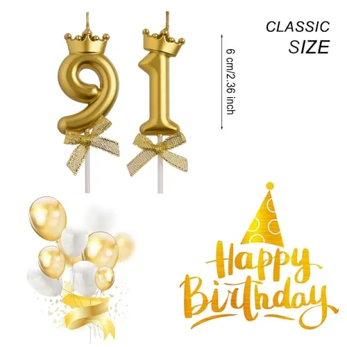 AOOLADA 91st Birthday Candles, Gold 91 Year Old Number Birthday Candles, Happy Birthday Cake Topper Gifts Party Decorations for Men Women