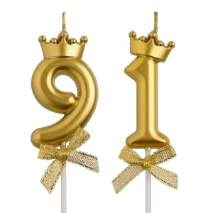 AOOLADA 91st Birthday Candles, Gold 91 Year Old Number Birthday Candles, Happy Birthday Cake Topper Gifts Party Decorations for Men Women