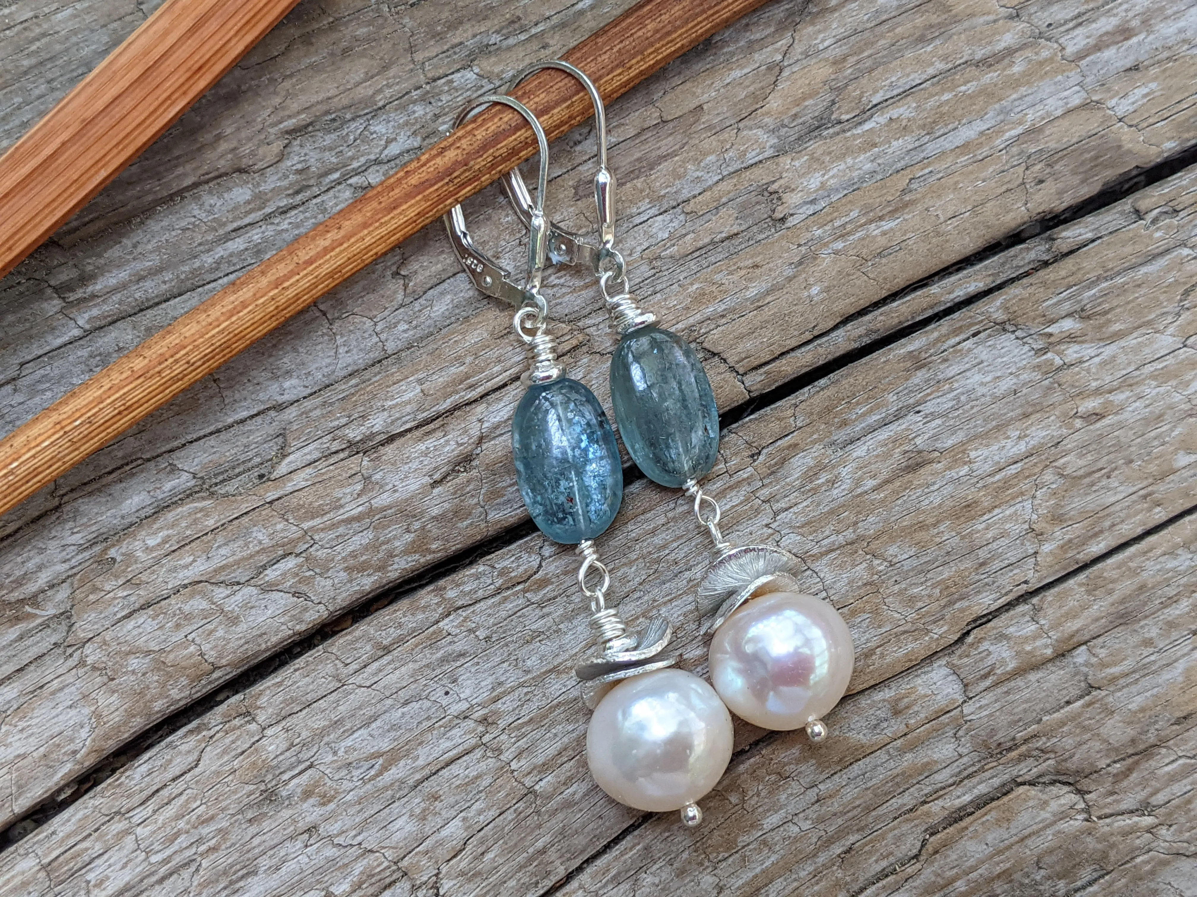 Aqua Blue Kyanite & Edison Pearl Earrings