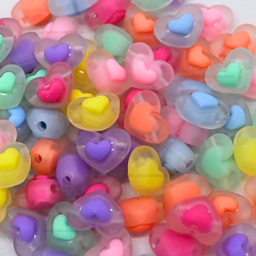 Assorted Frosted Heart Plastic Beads | Size : 13mm