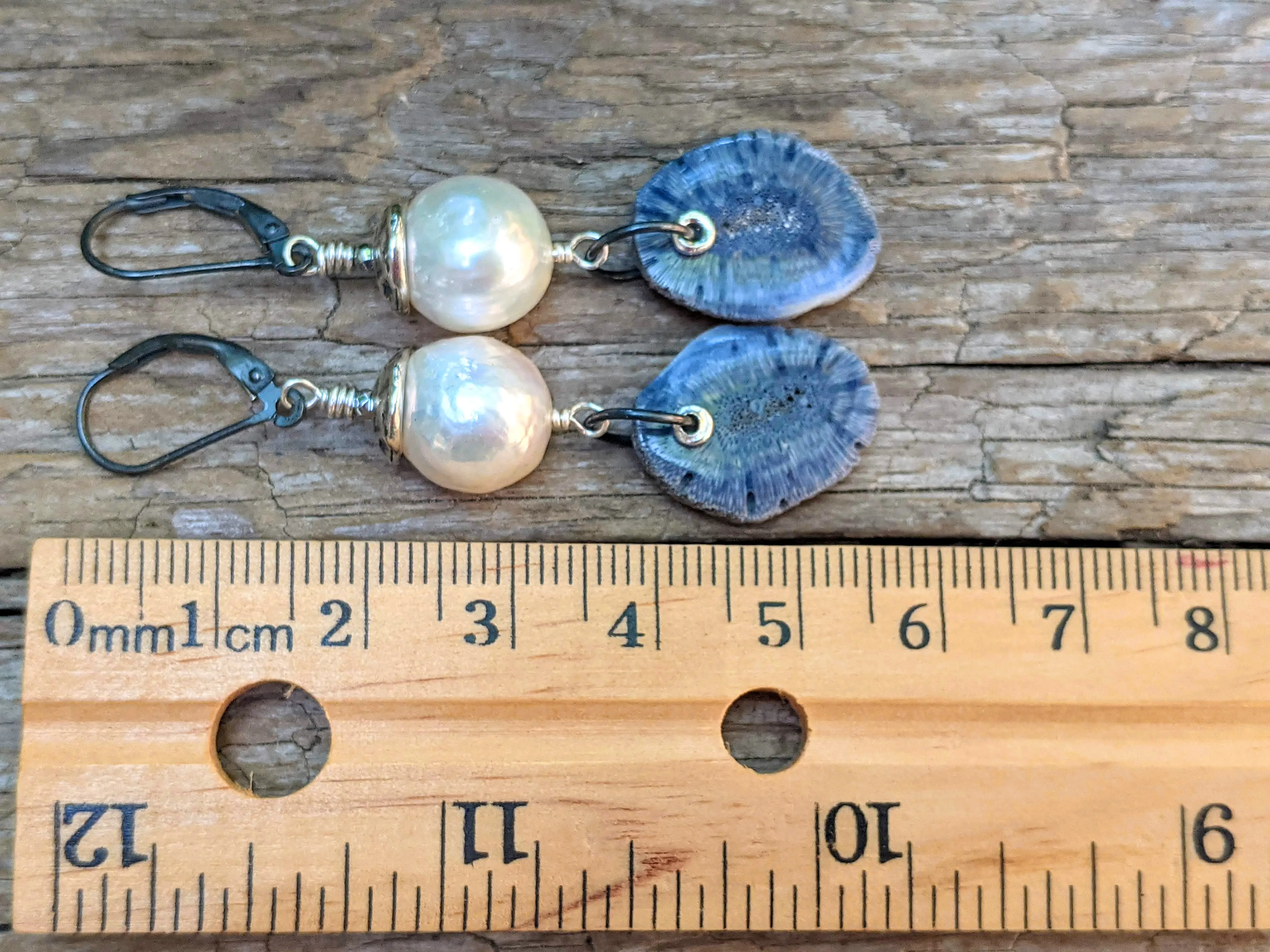 Blue Fossilized Coral & White Edison Pearl Earrings