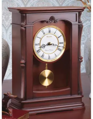 Bulova Abbeville Chiming Pendulum Mantel Clock - Walnut Finish - Carved Case