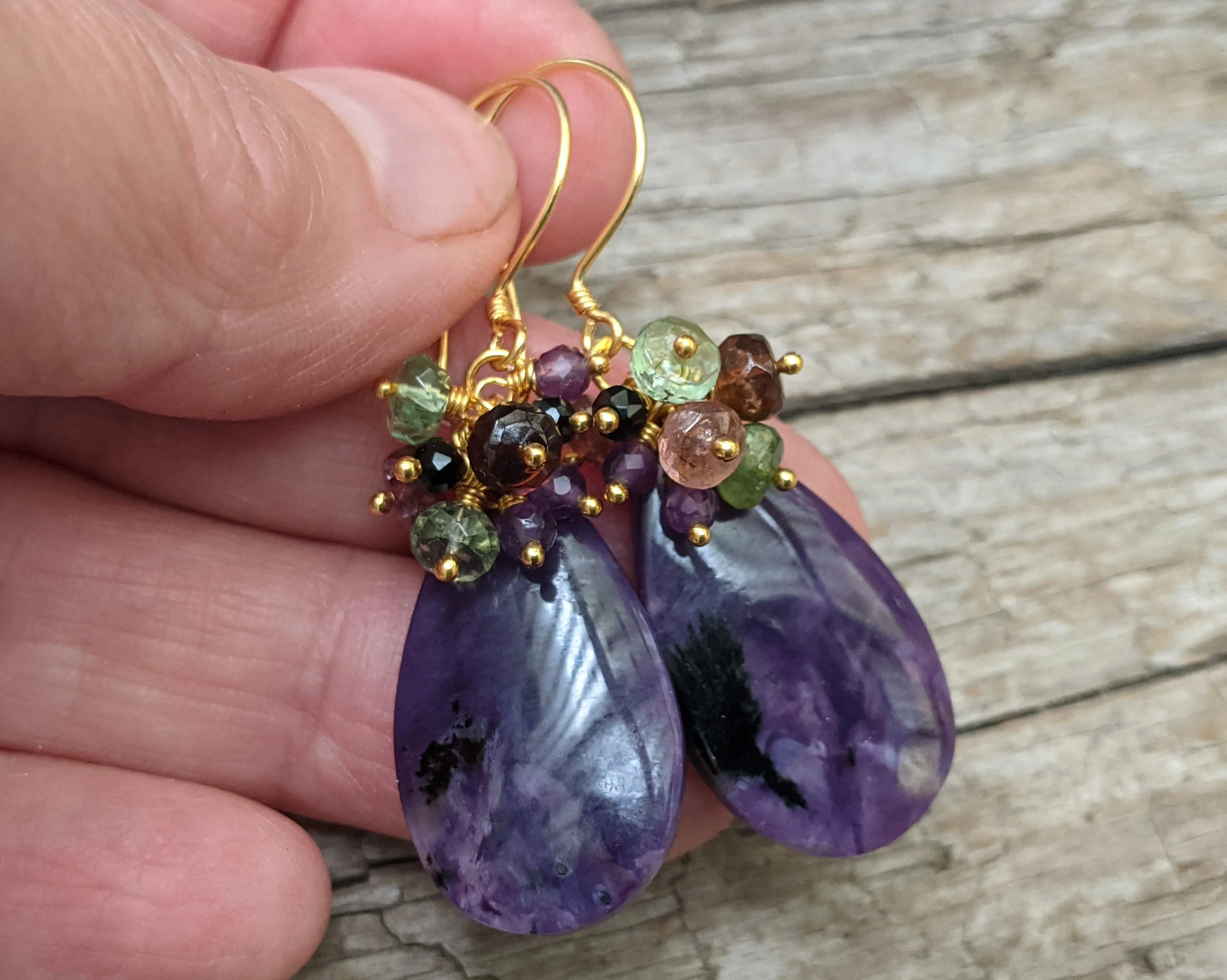 Charoite with Tourmaline Cluster Earrings