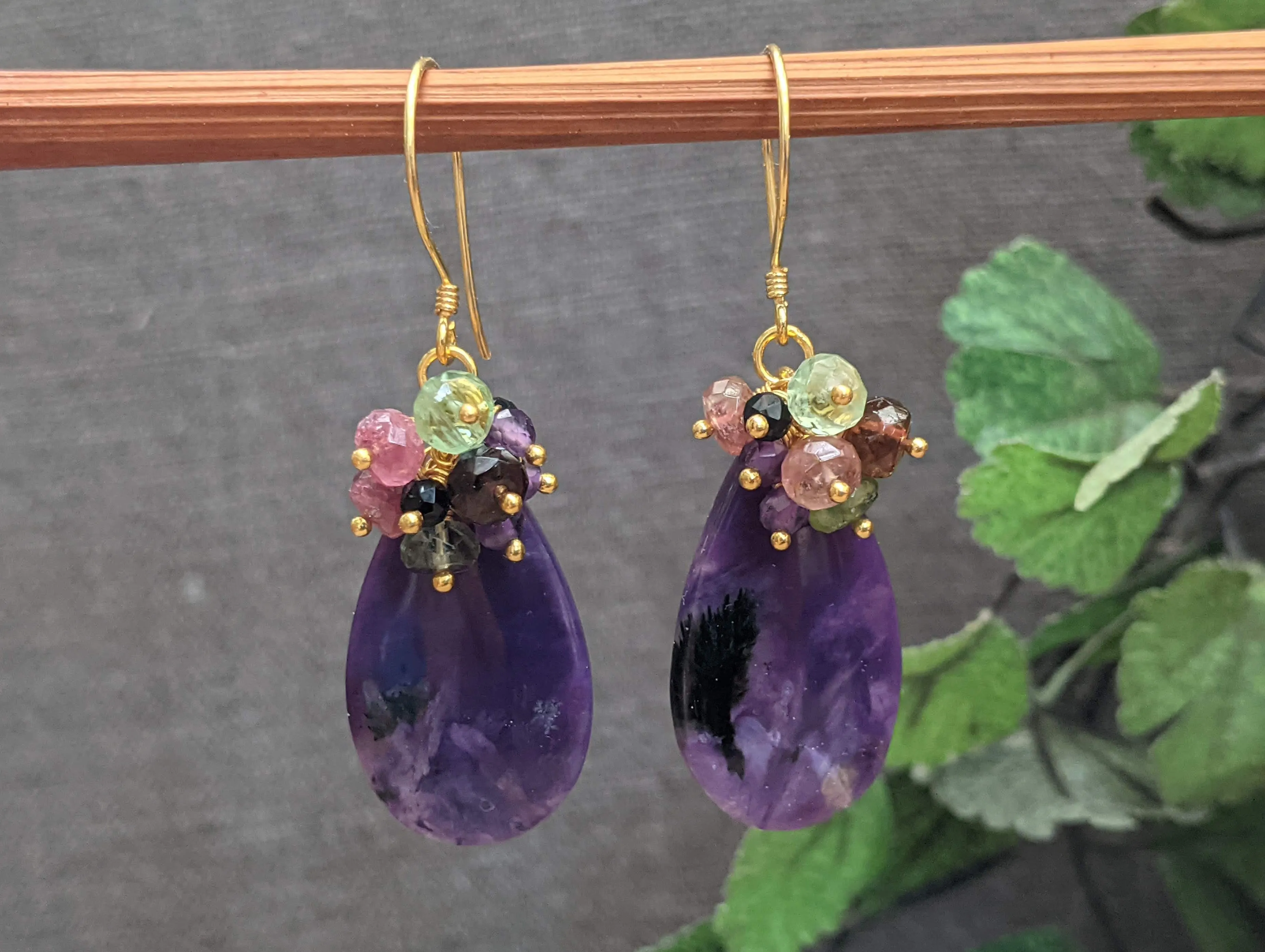 Charoite with Tourmaline Cluster Earrings