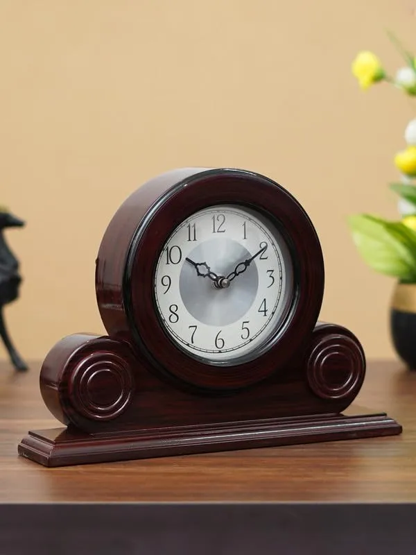 CRAFT SMITH Decorative Rosewood Colour Wooden Home Office Decor English Numerals Round Silver Colour Dial Analog Table Desk Clock for Home Living Room (Size: 22 x 7 x 32 CM | Weight: 1275 Gram)