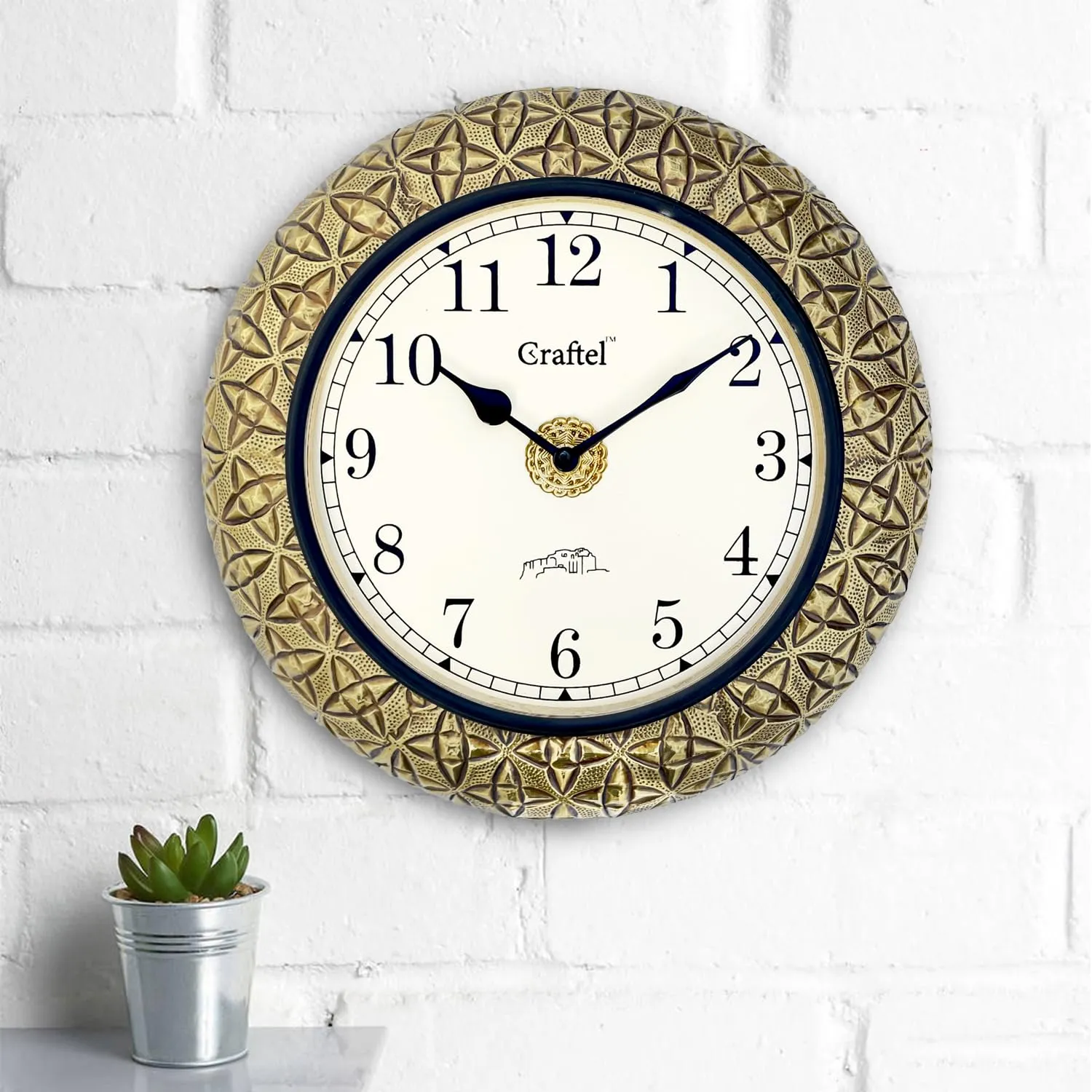 CRAFTEL 12" Brass Embossed Antique Wall Analog Clock Vintage Round Analog Clock For Bedroom Living Room Home And Office : Dial - 8 Inches