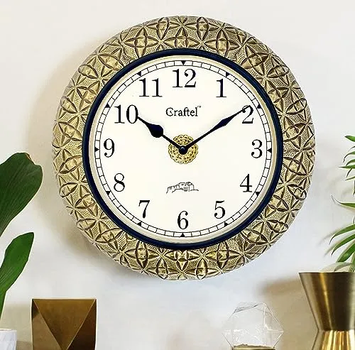 CRAFTEL 12" Brass Embossed Antique Wall Analog Clock Vintage Round Analog Clock For Bedroom Living Room Home And Office : Dial - 8 Inches