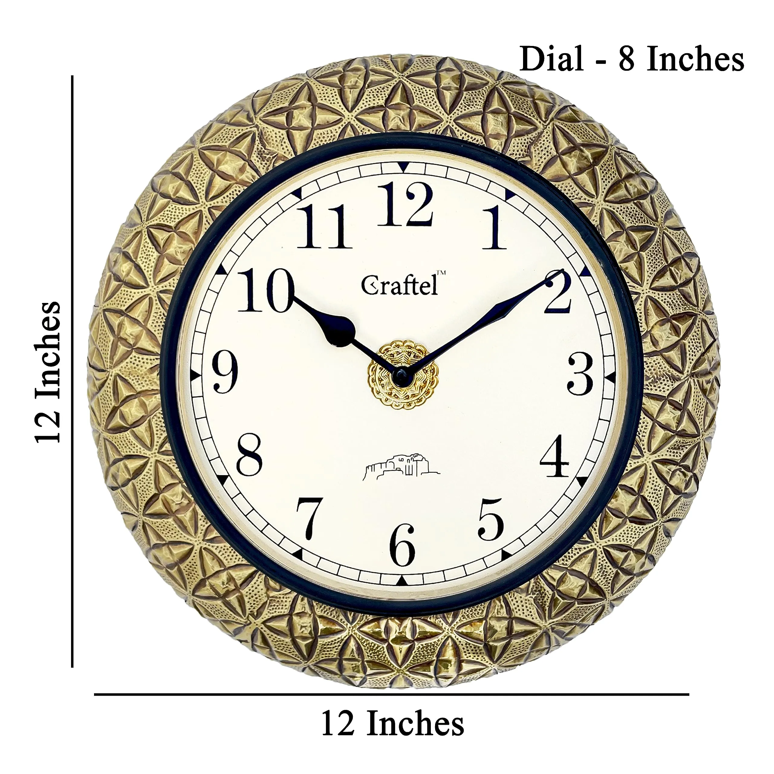 CRAFTEL 12" Brass Embossed Antique Wall Analog Clock Vintage Round Analog Clock For Bedroom Living Room Home And Office : Dial - 8 Inches