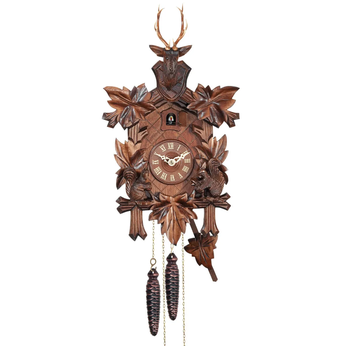 Cuckoo Clock - 1-Day Hunter with Stag Head and Squirrels - Engstler