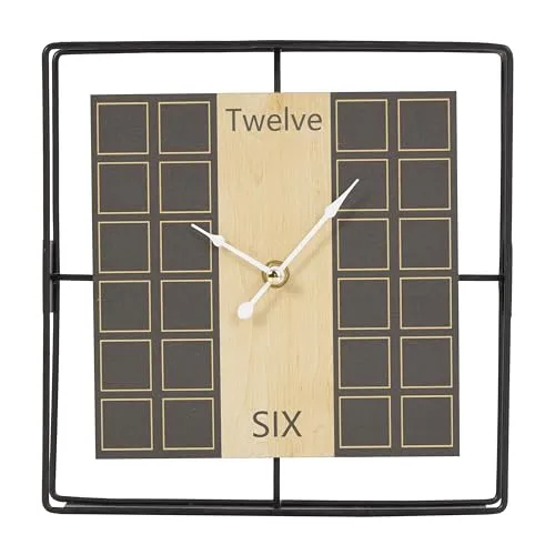 Deco 79 Wooden Geometric Open Frame Square Clock with Grid Pattern, 9" x 2" x 9", Black