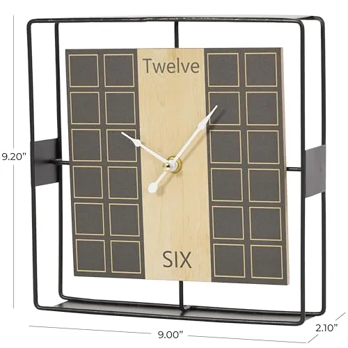 Deco 79 Wooden Geometric Open Frame Square Clock with Grid Pattern, 9" x 2" x 9", Black