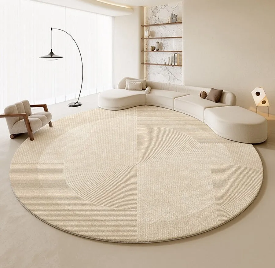 Dining Room Modern Rugs, Cream Color Round Rugs under Coffee Table, Large Modern Rugs in Living Room, Contemporary Circular Rugs in Bedroom