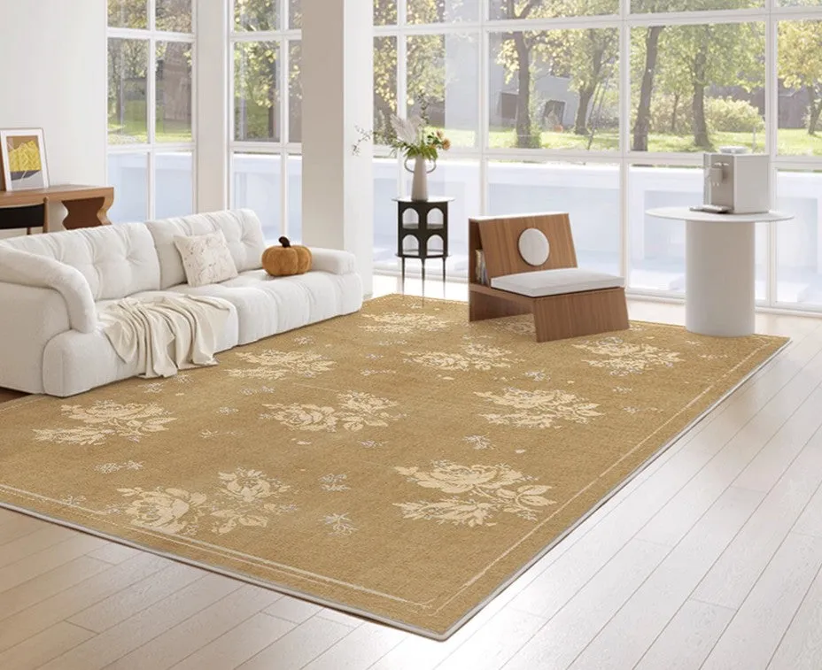 Flower Pattern French Style Modern Rugs for Dining Room, Contemporary Modern Rugs, Mid Century Modern Rugs for Interior Design, Yellow Soft Rugs under Coffee Table