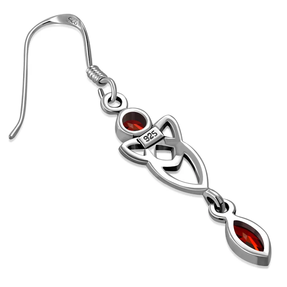 Garnet CZ Long Trinity Knot Dangling Silver Earrings