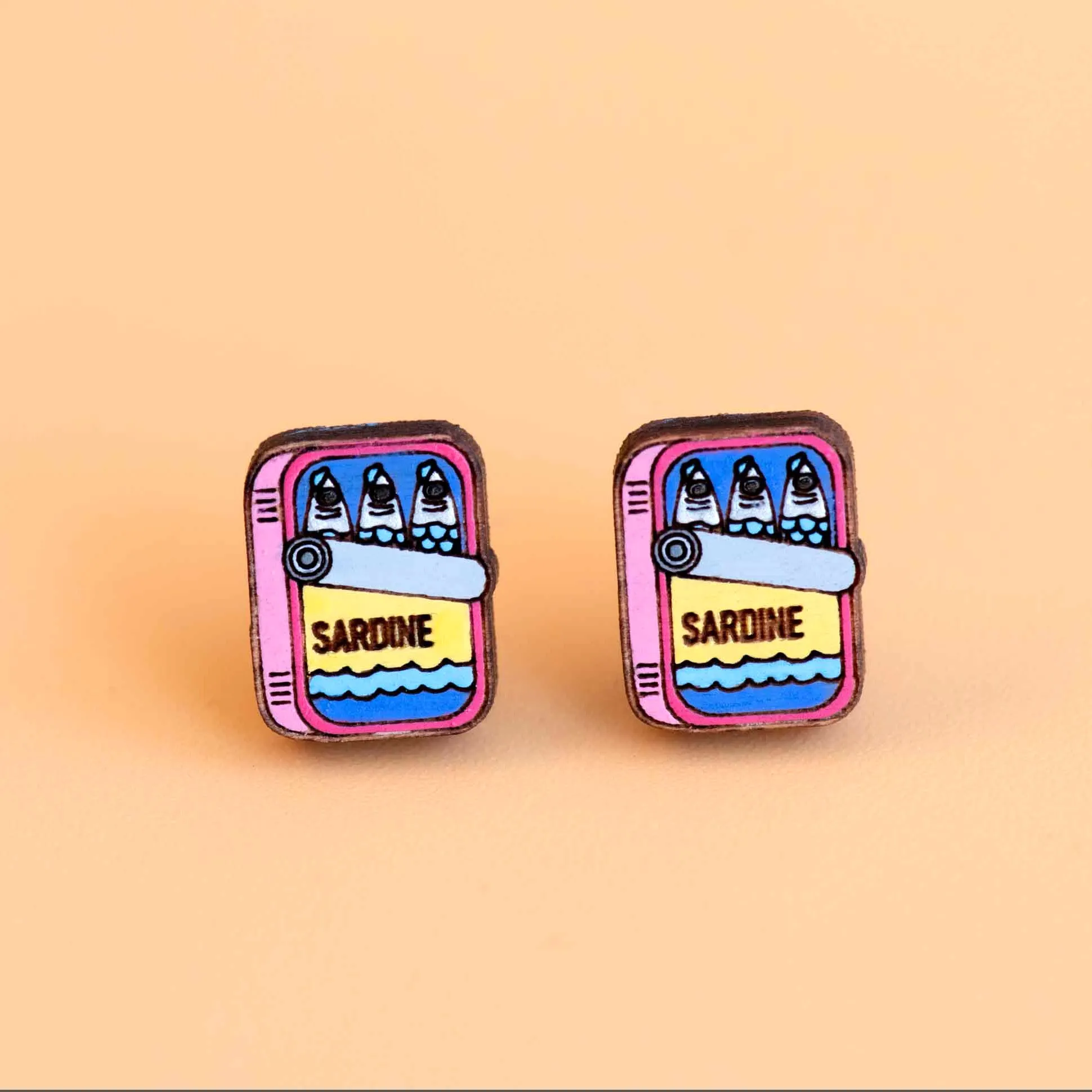 Hand-painted Sardine Can Wooden Stud Earrings - PET15259