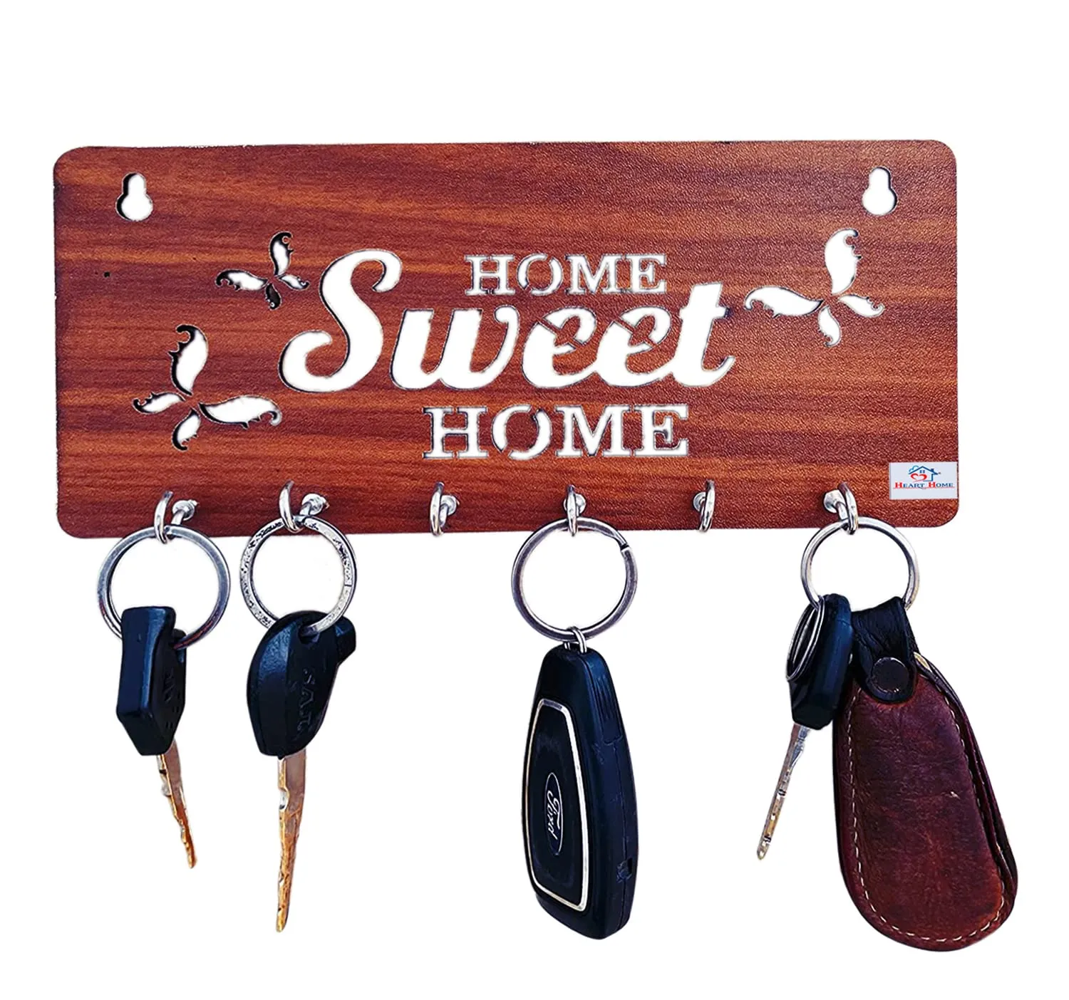 Heart Home Wood Sweet Home Design 7 Hooks Mounted Key Holder for Wall & Home Decor (Brown)