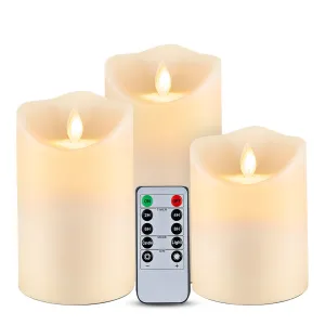 Homemory Waterproof Flickering Flameless Candles, Outdoor Indoor Battery Operated LED Candles with Remote Timers, No melt, Moving Flame, Ivory Frosted Plastic, D3.25"x H4"5"6", Set of 3