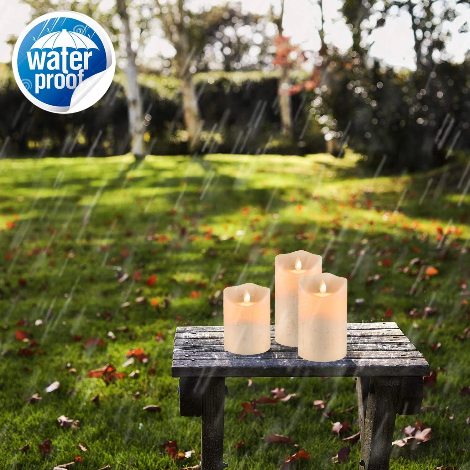 Homemory Waterproof Flickering Flameless Candles, Outdoor Indoor Battery Operated LED Candles with Remote Timers, No melt, Moving Flame, Ivory Frosted Plastic, D3.25"x H4"5"6", Set of 3