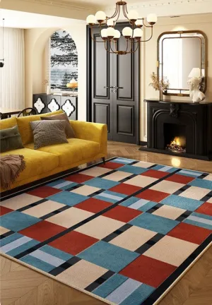 Large Geometric Floor Carpets, Blue Modern Area Rugs under Dining Room Table, Modern Living Room Area Rugs, Mid Century Modern Rugs