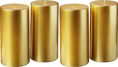 Majestic Illumination Fit for Royalty: Enchanting Pack of 4 Ornate Gold-Plated Pillar Candles, Exuding an Ambience of Grandeur and Infusing Your Space with Regal Charm