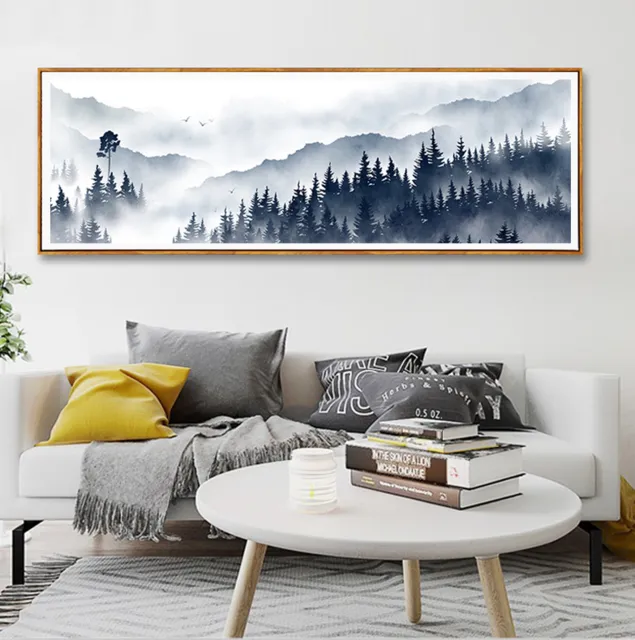 Misty Mountain Forest Landscape Widescreen Wall Art Nordic Style Fine Art Canvas Prints Pictures For Modern Scandinavian Home Interior Decoration