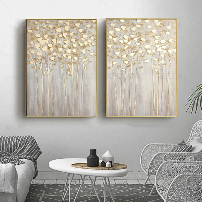 Modern Abstract Auspicious Golden Money Tree Wall Art Fine Art Canvas Prints Posters Pictures For Living Room Dining Room Bedroom Art Decor