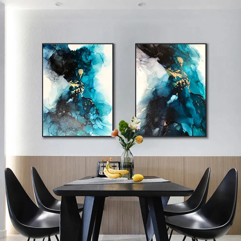 Modern Abstract Deep Blue Aqua Marble Print Wall Art Fine Art Canvas Prints Posters Pictures For Living Room Dining Room Art Decor