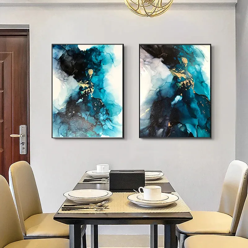 Modern Abstract Deep Blue Aqua Marble Print Wall Art Fine Art Canvas Prints Posters Pictures For Living Room Dining Room Art Decor