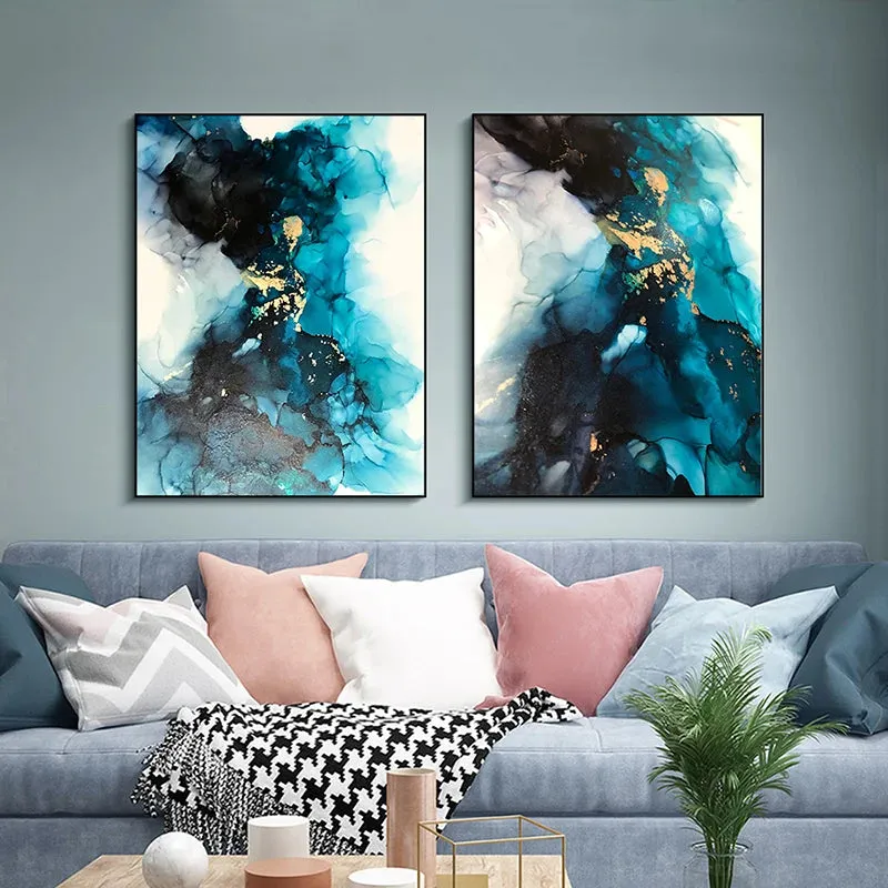 Modern Abstract Deep Blue Aqua Marble Print Wall Art Fine Art Canvas Prints Posters Pictures For Living Room Dining Room Art Decor