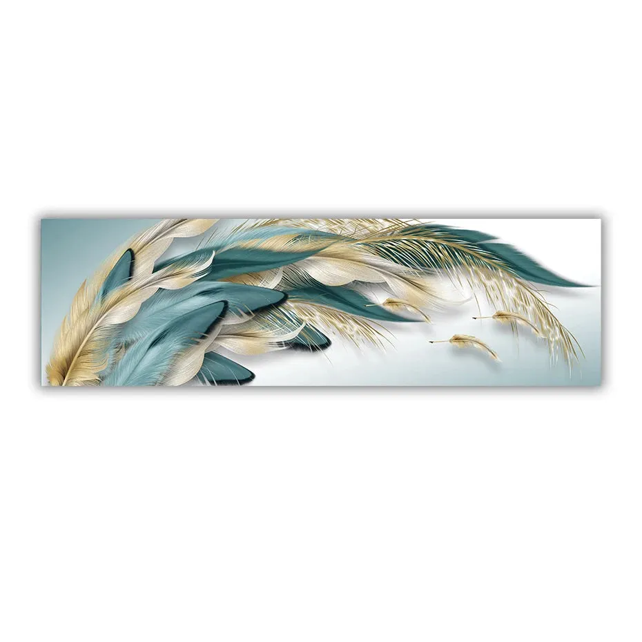 Modern Abstract Golden Blue Green Feathers Wall Art Fine Art Canvas Prints Wide Format Picture For Above The Sofa Above The Bed Art Decor