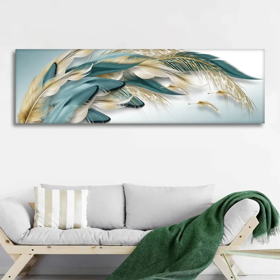 Modern Abstract Golden Blue Green Feathers Wall Art Fine Art Canvas Prints Wide Format Picture For Above The Sofa Above The Bed Art Decor