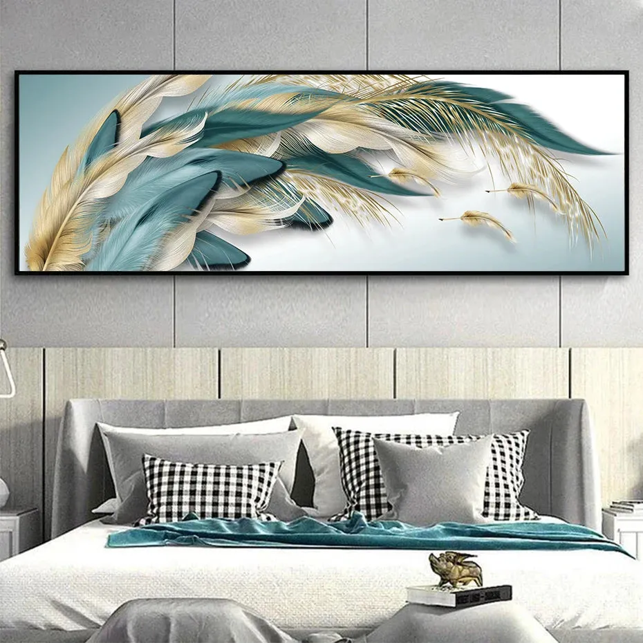 Modern Abstract Golden Blue Green Feathers Wall Art Fine Art Canvas Prints Wide Format Picture For Above The Sofa Above The Bed Art Decor