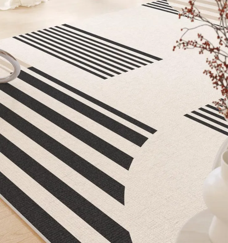 Modern Rugs for Dining Room, Contemporary Modern Rugs, Modern Rugs for Living Room, Black Stripe Abstract Contemporary Rugs Next to Bed