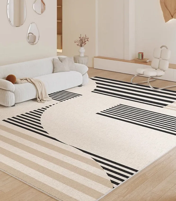 Modern Rugs for Dining Room, Contemporary Modern Rugs, Modern Rugs for Living Room, Black Stripe Abstract Contemporary Rugs Next to Bed