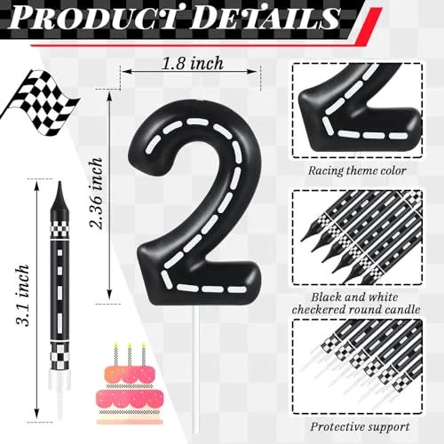 MTLEE 13 Pcs Racing Cars Themed Birthday Candles Black and White Checkered Candle 1 to 9 Number Candle Truck Candle Cake Topper for Racing Car Party Decoration Baby Shower Party Supplies(Number 2)