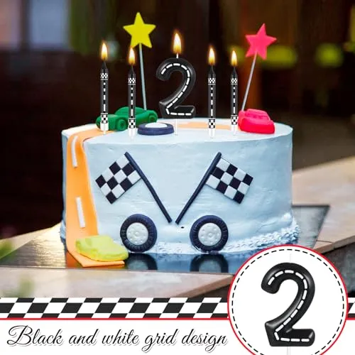 MTLEE 13 Pcs Racing Cars Themed Birthday Candles Black and White Checkered Candle 1 to 9 Number Candle Truck Candle Cake Topper for Racing Car Party Decoration Baby Shower Party Supplies(Number 2)