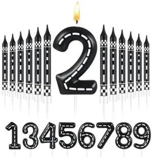 MTLEE 13 Pcs Racing Cars Themed Birthday Candles Black and White Checkered Candle 1 to 9 Number Candle Truck Candle Cake Topper for Racing Car Party Decoration Baby Shower Party Supplies(Number 2)