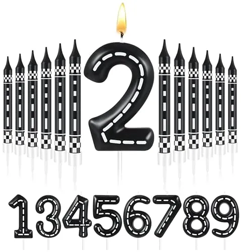 MTLEE 13 Pcs Racing Cars Themed Birthday Candles Black and White Checkered Candle 1 to 9 Number Candle Truck Candle Cake Topper for Racing Car Party Decoration Baby Shower Party Supplies(Number 2)