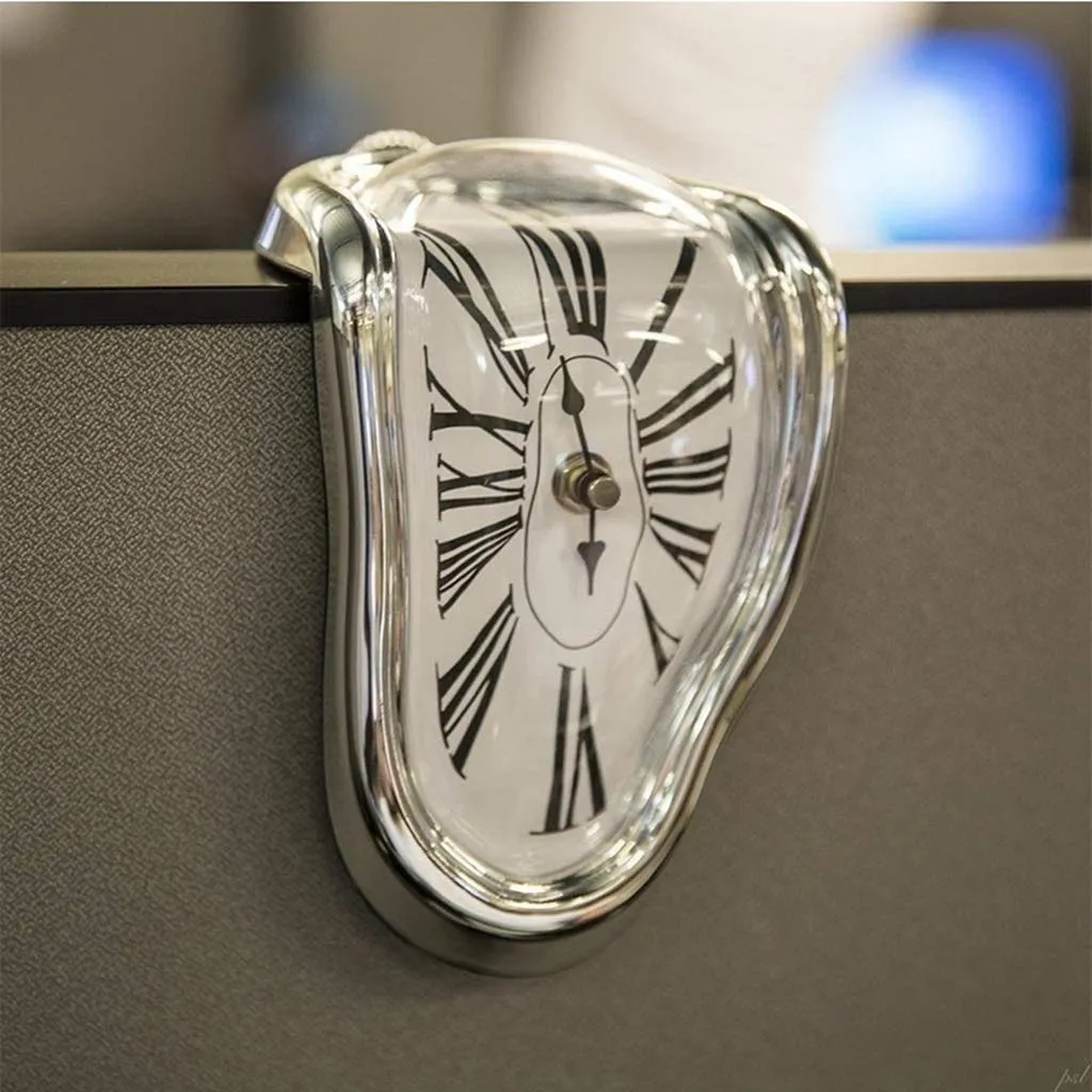 Petilleur Creative Dali Watch Melting Clock Surrealistic Table Shelf Desk Fashion Melted Clock Salvador Dali Distorted Clock Home Decoration (Silver)