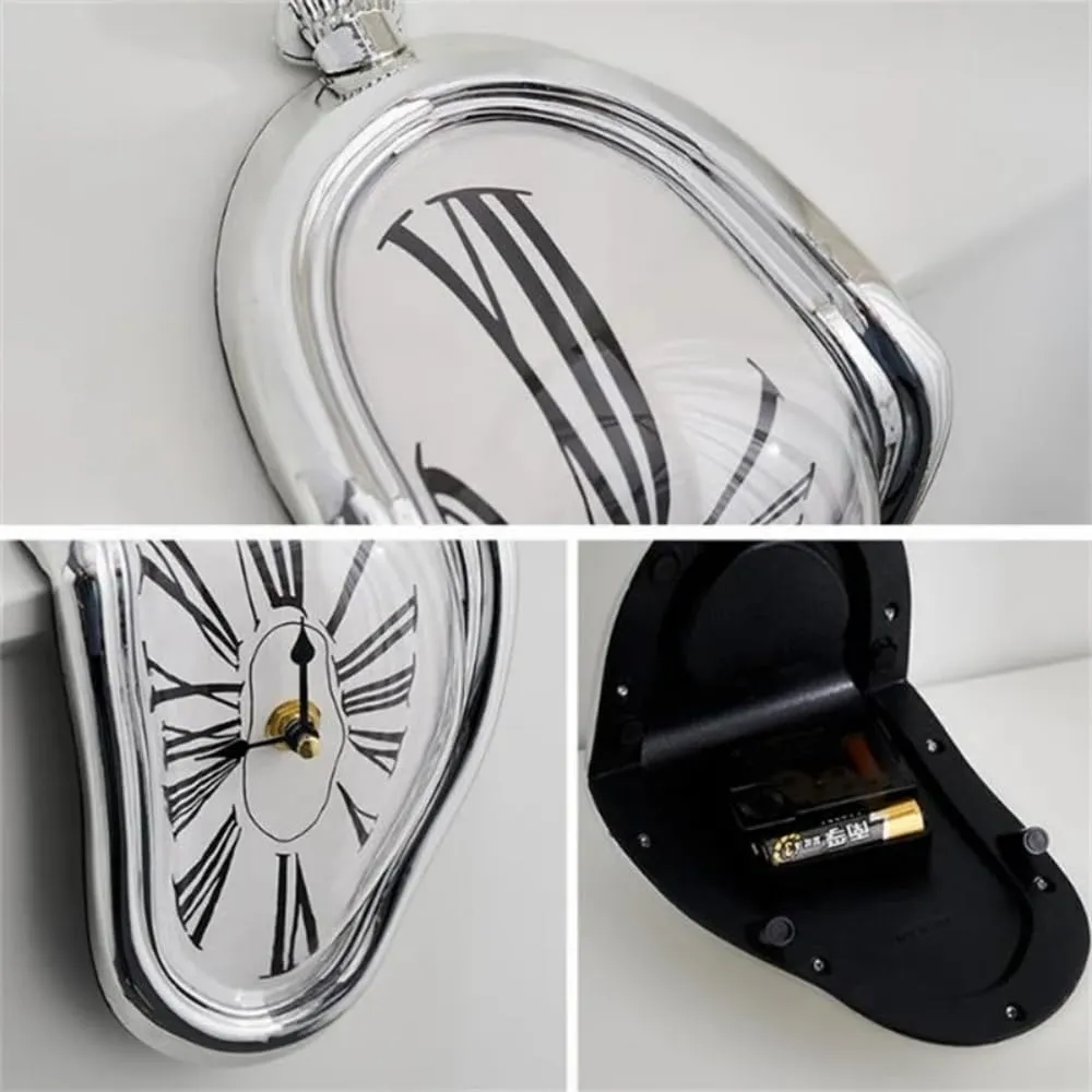 Petilleur Creative Dali Watch Melting Clock Surrealistic Table Shelf Desk Fashion Melted Clock Salvador Dali Distorted Clock Home Decoration (Silver)