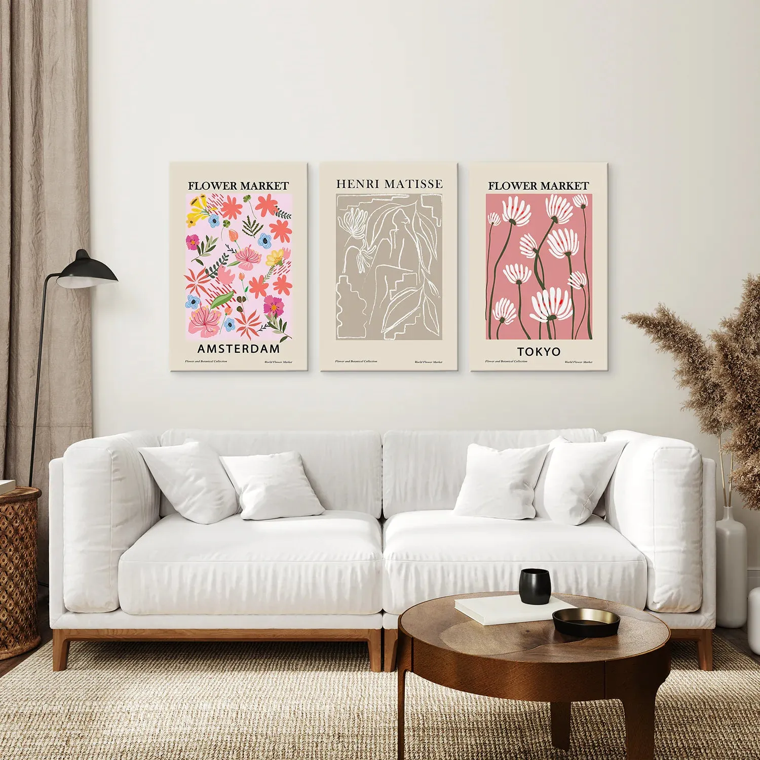 Pink and Beige Flower Market Set of 3 Prints. Retro Style