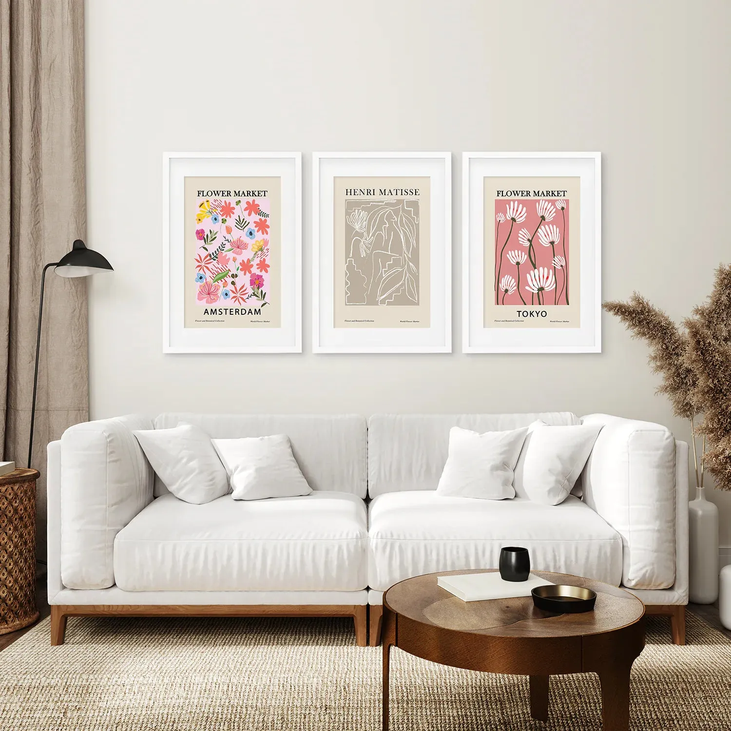 Pink and Beige Flower Market Set of 3 Prints. Retro Style